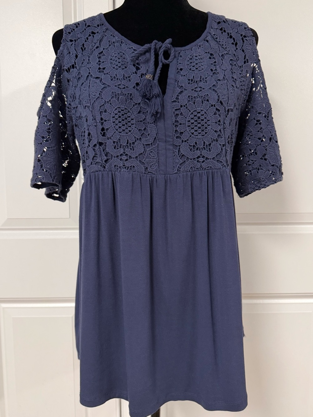 danielrainn Navy Cold Shoulder Lace Blouse Top